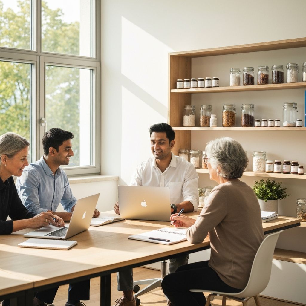 Helles modernes österreichisches Büro mit Team, Laptops und Supplement-Gläsern auf Regal