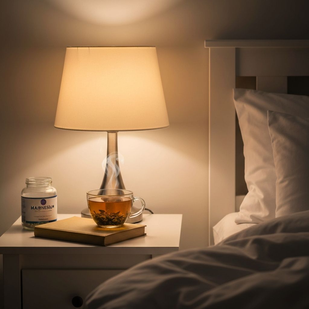 Warme Abendszene mit Lampe, Kräutertee und Magnesium-Glas auf Nachttisch