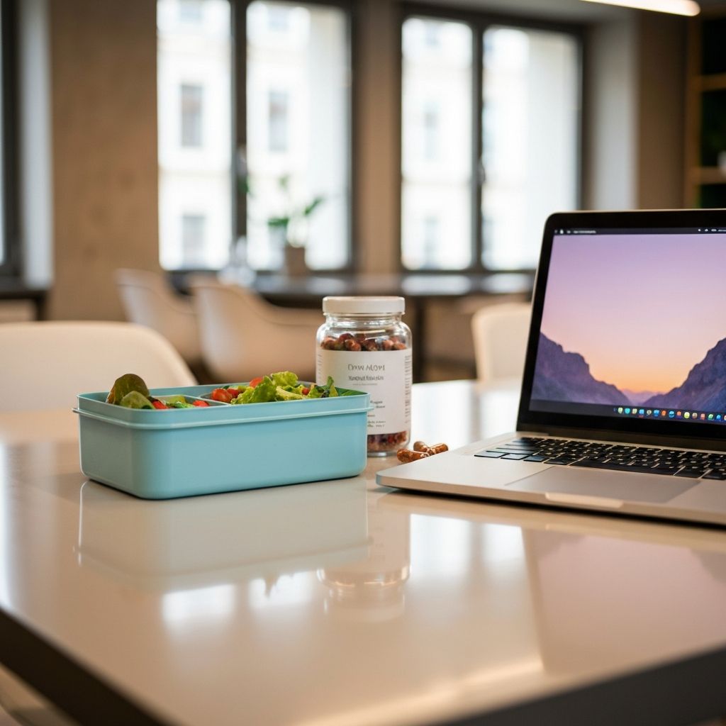 Leichte Lunchbox mit Supplement-Glas auf Coworking-Tisch neben Laptop