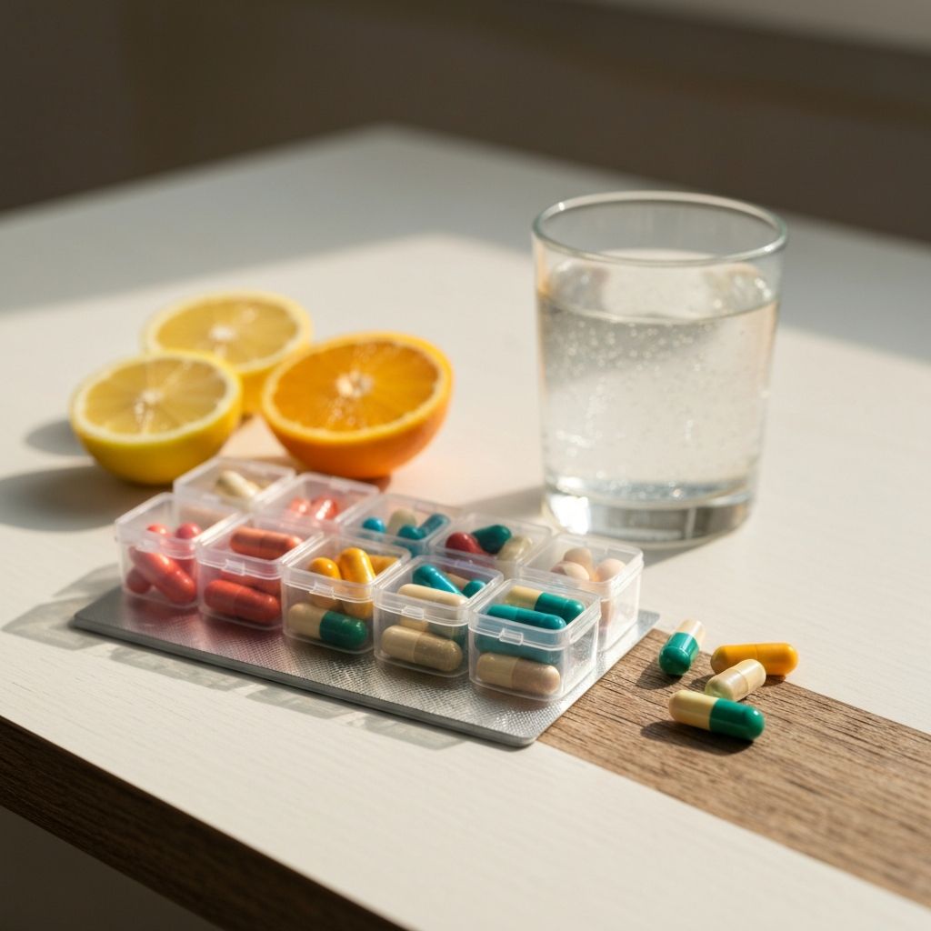 Morgens Supplement-Organizer mit Vitaminen auf hellem Tisch